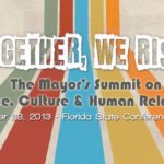 Words "Together We Rise: The Mayor's Summit on Race, Culture & Human Relations 2013" over rainbow colored striped background